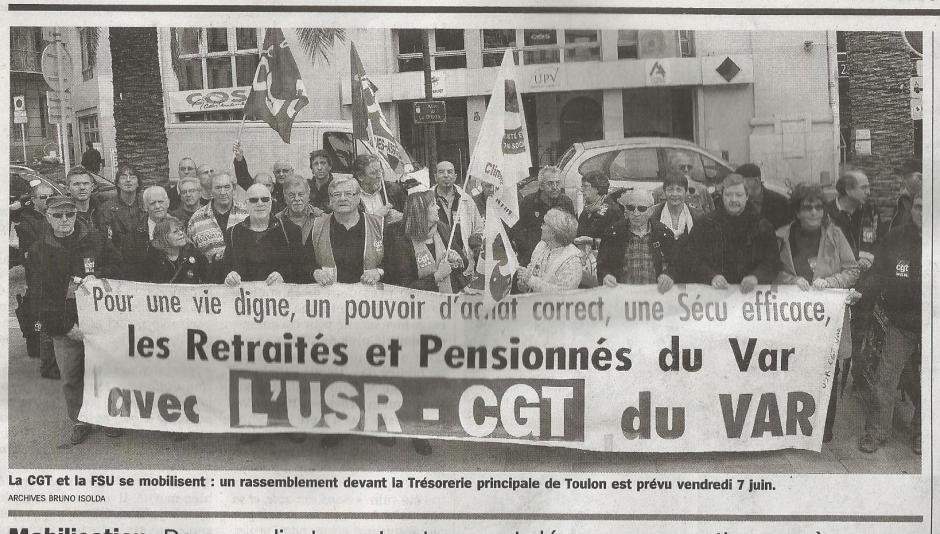 Retraités en colère, ils demandent l'amélioration du pouvoir d'achat. Vendredi 7 juin 10h30  Place Besagne à Toulon   ( CGT et FSU)