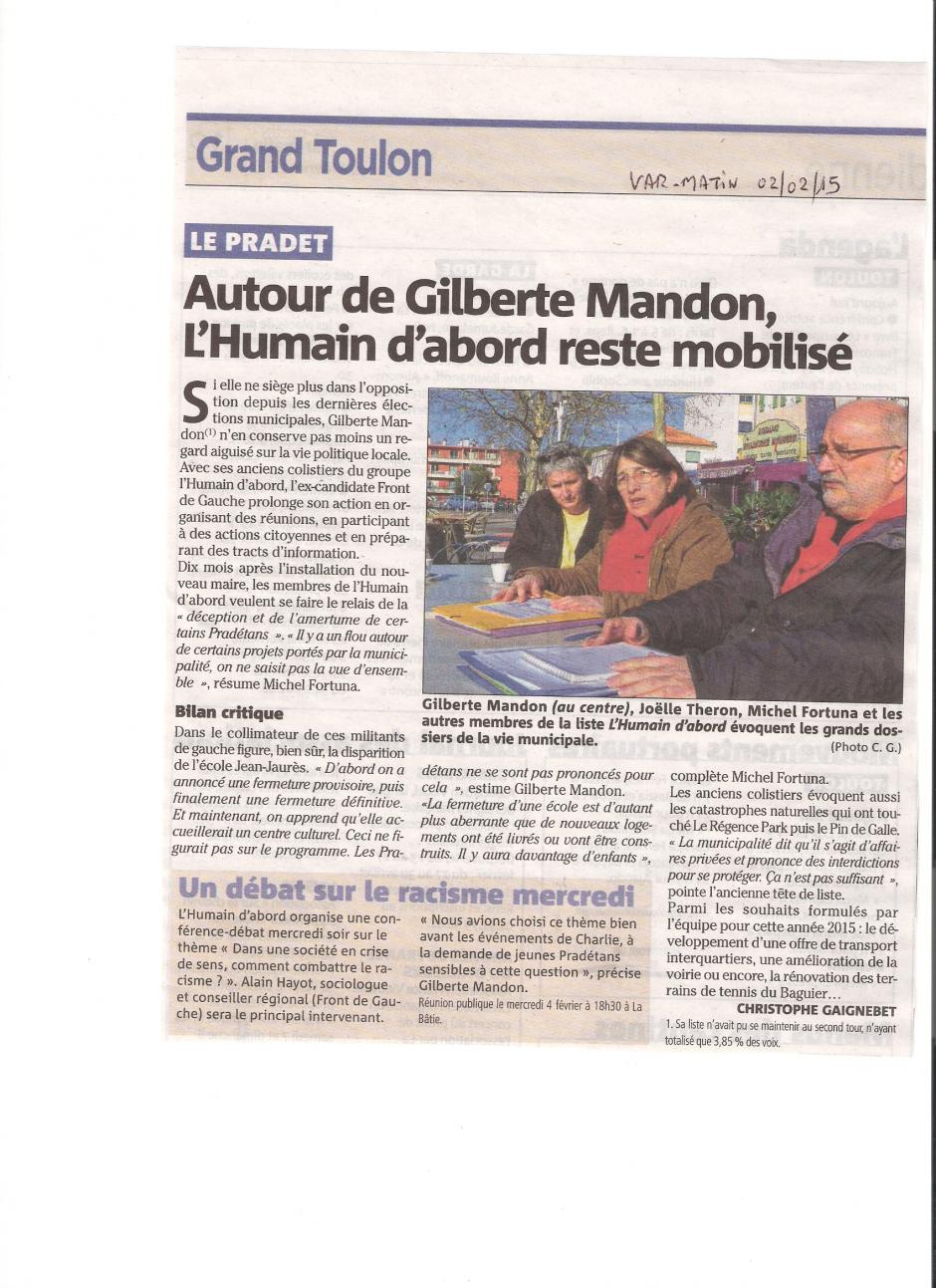 Le Pradet: Autour de Gilberte Mandon, l'Humain d'Abord reste mobilisé ( Var Matin du 02/02)